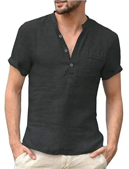 Leinenhemd – Leichtes, lässiges Kurzarm-T-Shirt für Männer-Schwarz-S-Chaps Herrenmode