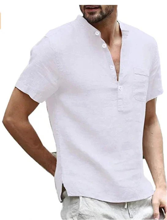 Leinenhemd – Leichtes, lässiges Kurzarm-T-Shirt für Männer-Weiß-S-Chaps Herrenmode
