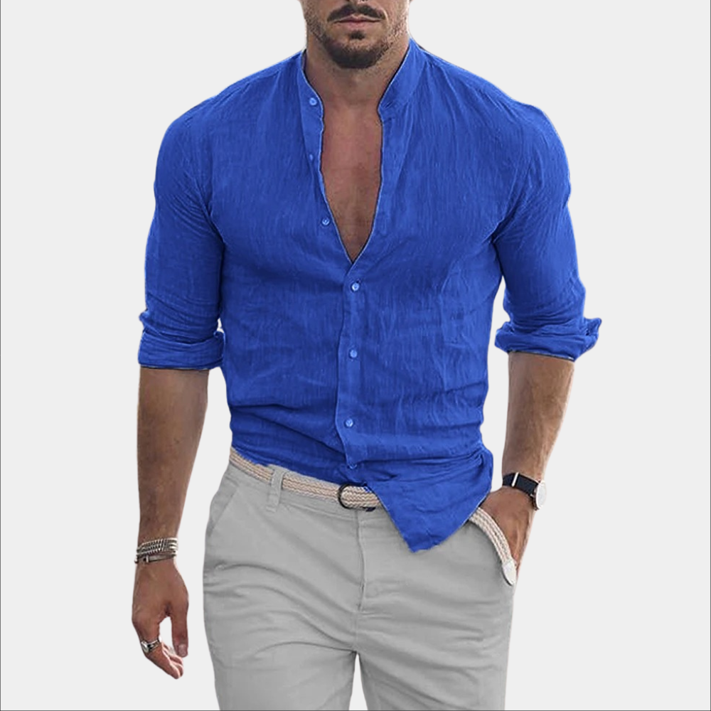 Leinenhemd - Leichtgewicht - Langarm - Hemd mit Knopfleiste - Sommerhemd für Männer-Blau-S-Chaps Herrenmode