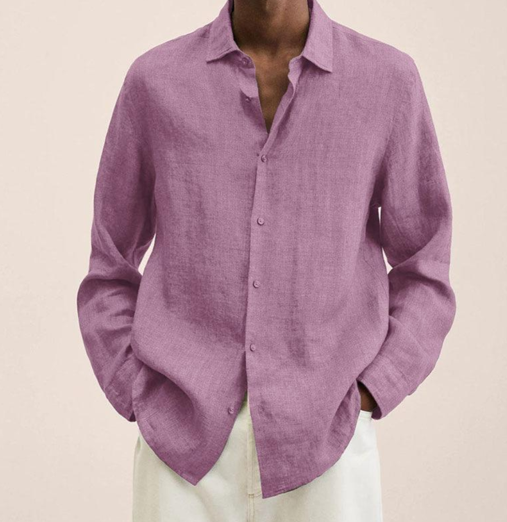 Leinenhemd - Lose geschnittenes Langarmhemd mit Knopfleiste für Männer-Rosa-M-Chaps Herrenmode