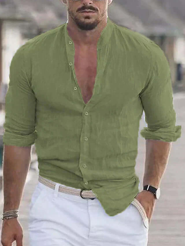 Leinenhemd | Slim Fit | Langarm | Hemden Button-Up | Herrenhemden-Grün-XS-Chaps Herrenmode