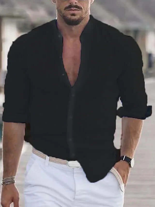 Leinenhemd | Slim Fit | Langarm | Hemden Button-Up | Herrenhemden-Schwarz-XS-Chaps Herrenmode