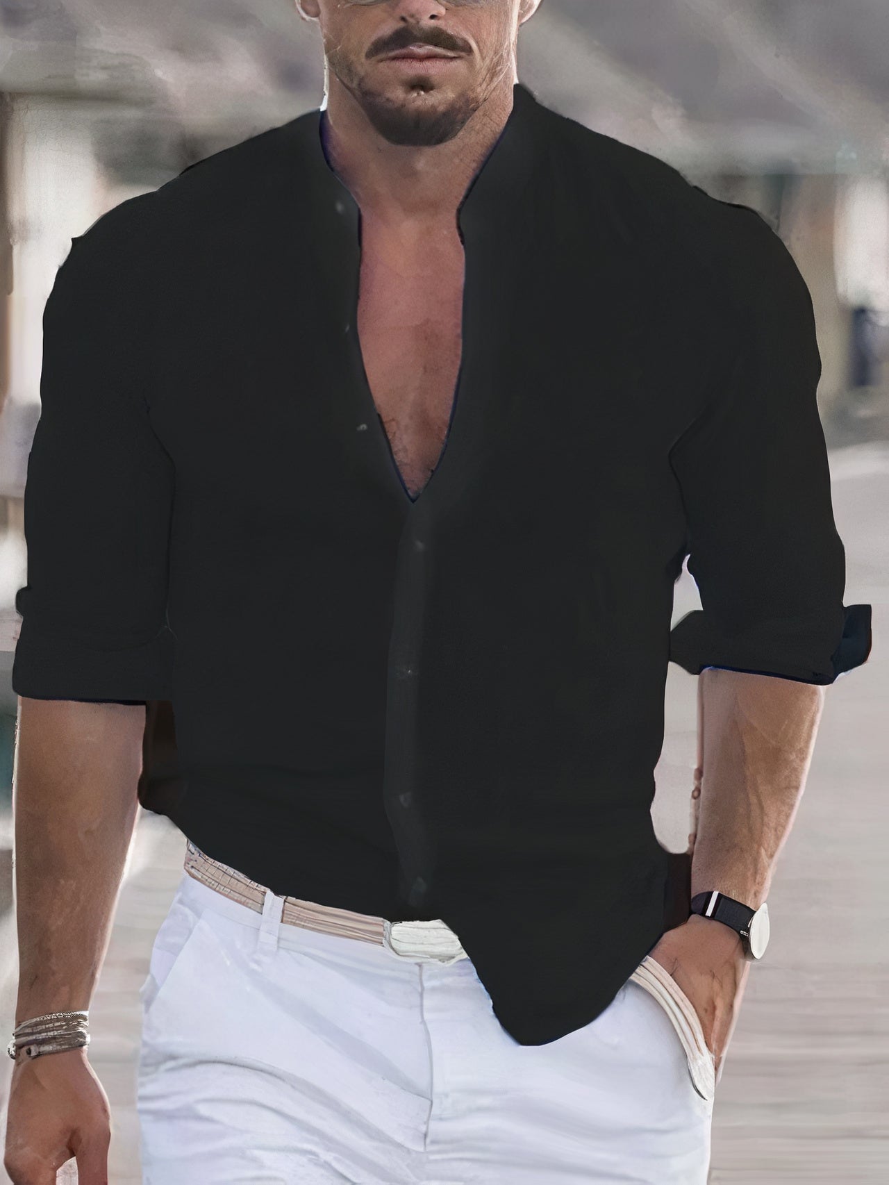 Leinenhemd | Slim Fit | Langarm | Sommerhemd | Herrenhemden-Schwarz-S-Chaps Herrenmode