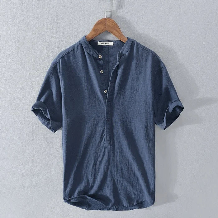 Leinenhemd – leichtes Kurzarm-T-Shirt mit halben Knöpfen für Herren-Dunkelblau-XS-Chaps Herrenmode