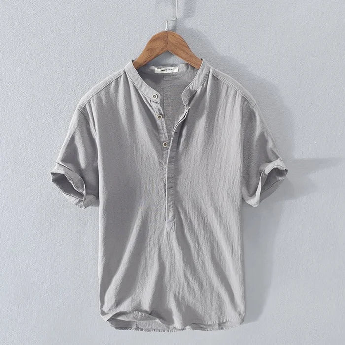 Leinenhemd – leichtes Kurzarm-T-Shirt mit halben Knöpfen für Herren-Grau-XS-Chaps Herrenmode
