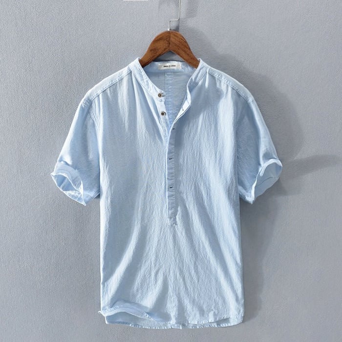 Leinenhemd – leichtes Kurzarm-T-Shirt mit halben Knöpfen für Herren-Himmelblau-XS-Chaps Herrenmode