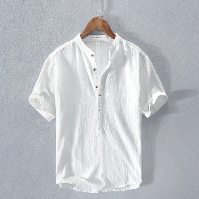 Leinenhemd – leichtes Kurzarm-T-Shirt mit halben Knöpfen für Herren-Weiß-XS-Chaps Herrenmode