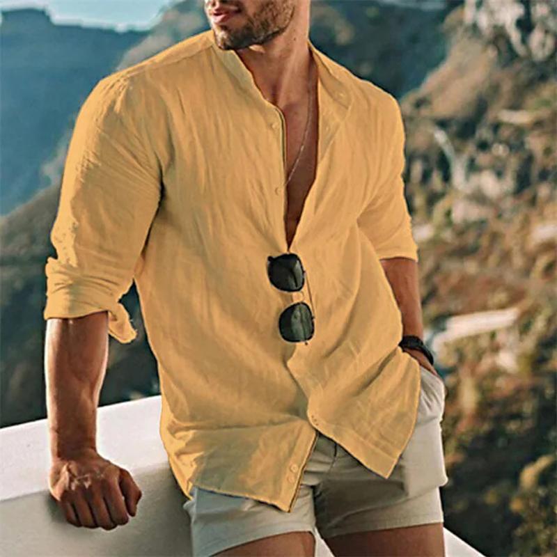 Leinenhemd – leichtes Langarmhemd mit Knöpfen für Herren-Gelb-S-Chaps Herrenmode