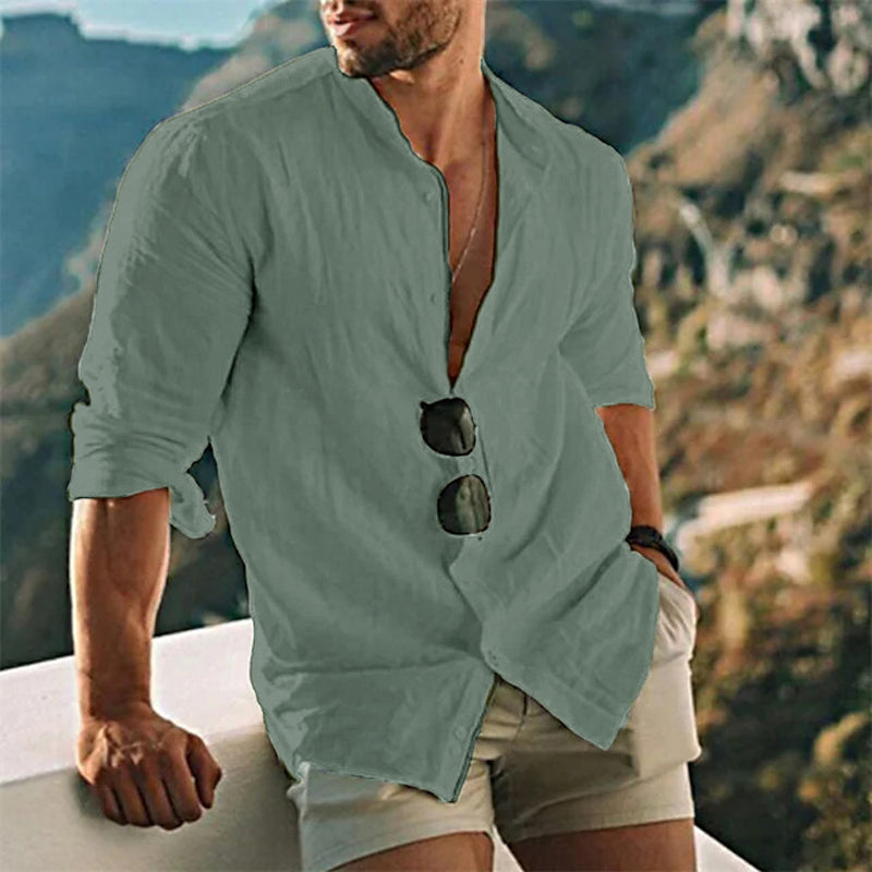 Leinenhemd – leichtes Langarmhemd mit Knöpfen für Herren-Grün-S-Chaps Herrenmode