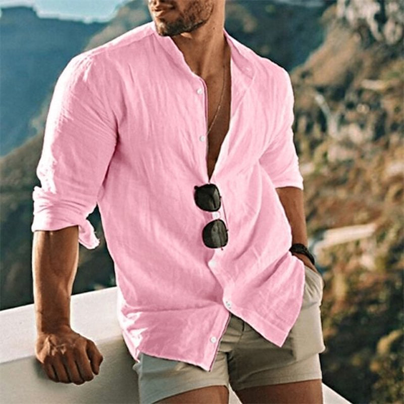 Leinenhemd – leichtes Langarmhemd mit Knöpfen für Herren-Rosa-S-Chaps Herrenmode