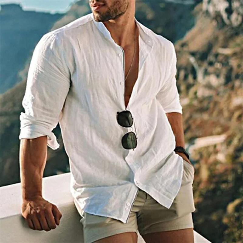Leinenhemd – leichtes Langarmhemd mit Knöpfen für Herren-Weiß-S-Chaps Herrenmode
