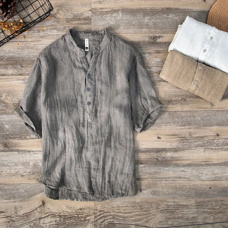 Leinenhemd – mit Knöpfen – leicht – Kurzarmhemd – Herrenhemden-Grau-M-Chaps Herrenmode
