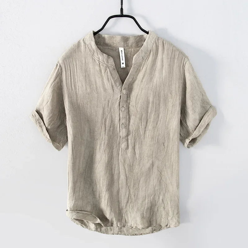 Leinenhemd – mit Knöpfen – leicht – Kurzarmhemd – Herrenhemden-Khaki-M-Chaps Herrenmode