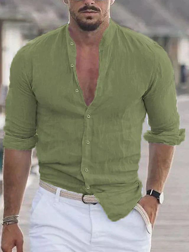 Leinenhemd – mit Knopfleiste – Leicht – langärmlig – Herrenhemd-Grün-XS-Chaps Herrenmode