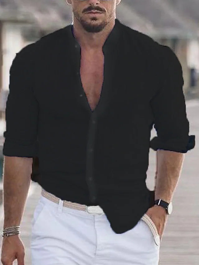 Leinenhemd – mit Knopfleiste – Leicht – langärmlig – Herrenhemd-Schwarz-XS-Chaps Herrenmode