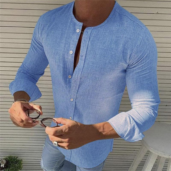 Leinenhemd – schmale Passform – Langarm – Hemd mit Knöpfen – Herrenhemden-Hellblau-S-Chaps Herrenmode