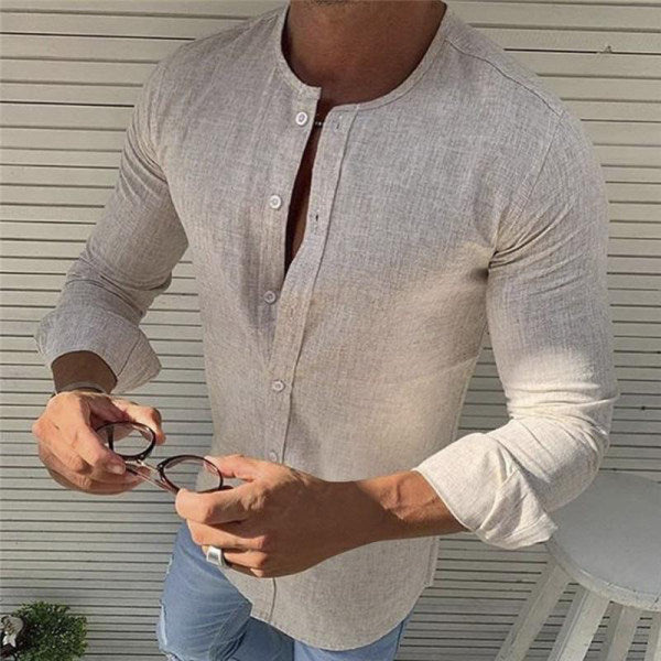 Leinenhemd – schmale Passform – Langarm – Hemd mit Knöpfen – Herrenhemden-Khaki-S-Chaps Herrenmode