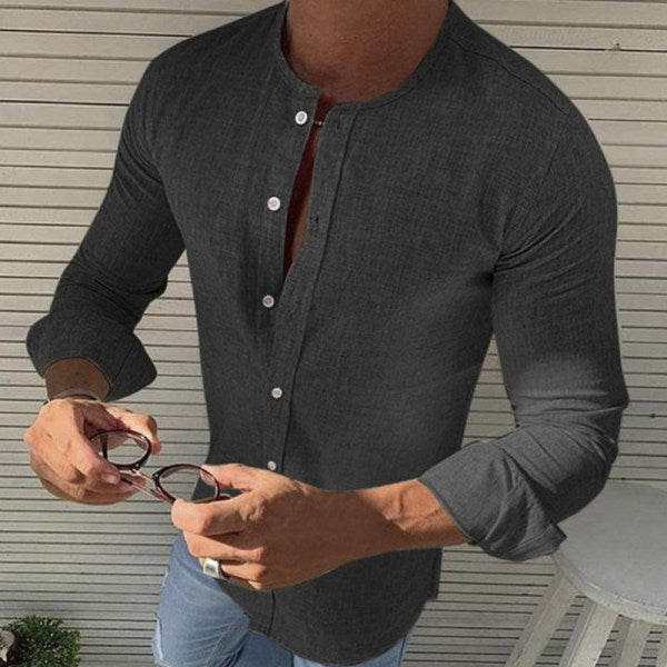 Leinenhemd – schmale Passform – Langarm – Hemd mit Knöpfen – Herrenhemden-Schwarz-S-Chaps Herrenmode