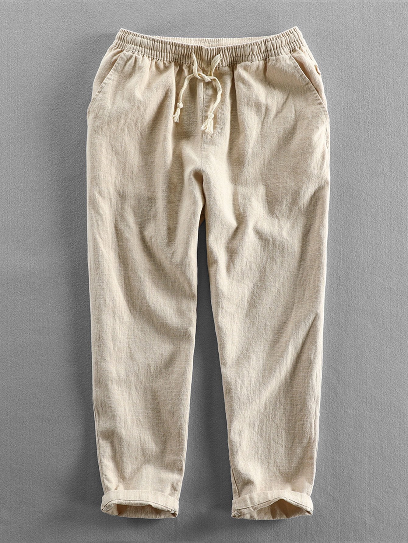 Leinenhose - Herren Casual Elastic Waist Loose Fit Hose-Beige-S-Chaps Herrenmode