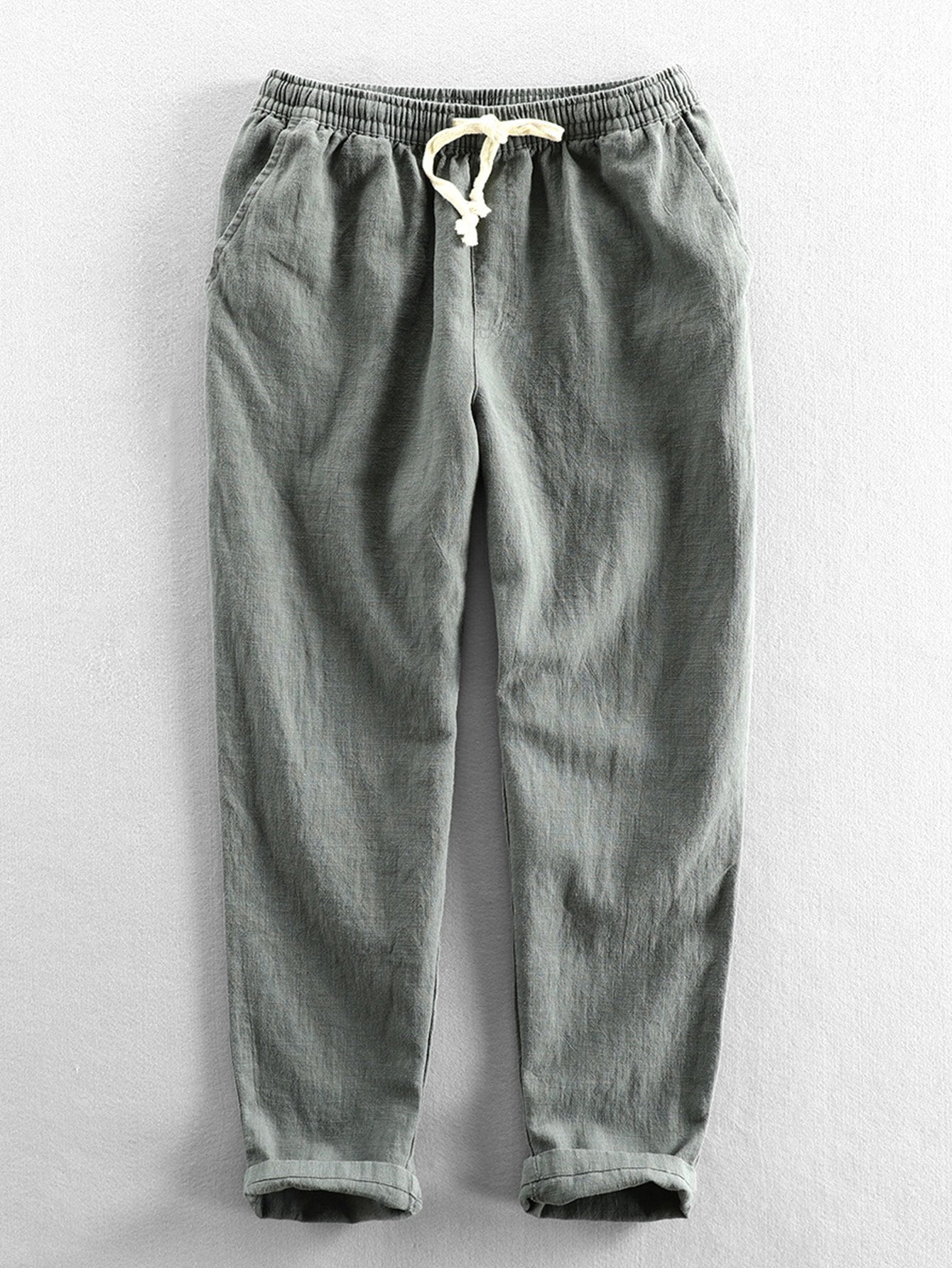 Leinenhose - Herren Casual Elastic Waist Loose Fit Hose-Dunkelgrün-S-Chaps Herrenmode