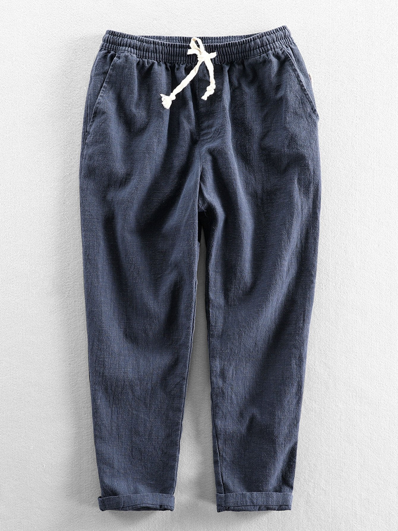 Leinenhose - Herren Casual Elastic Waist Loose Fit Hose-Marineblau-S-Chaps Herrenmode