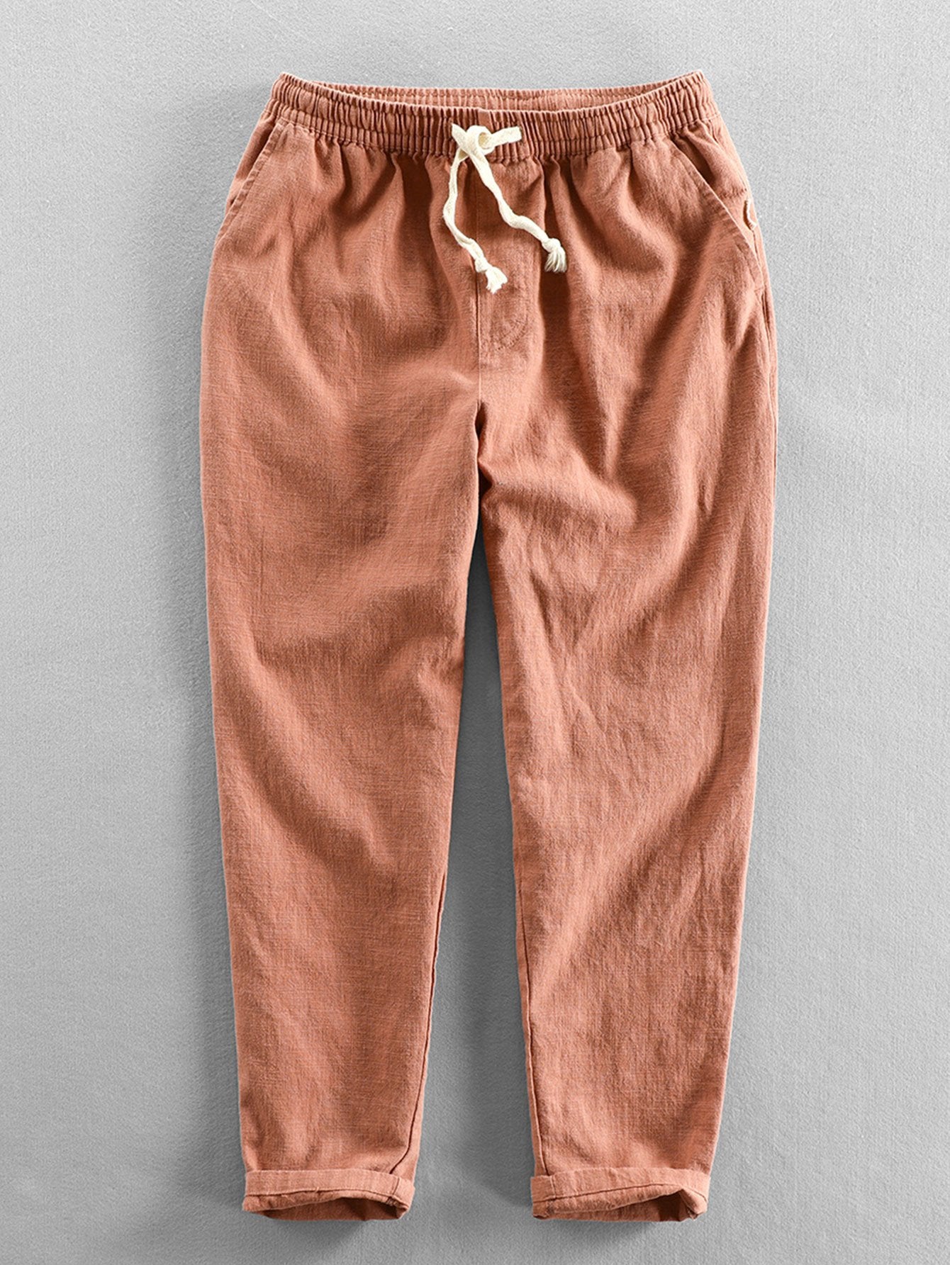 Leinenhose - Herren Casual Elastic Waist Loose Fit Hose-Orange-S-Chaps Herrenmode