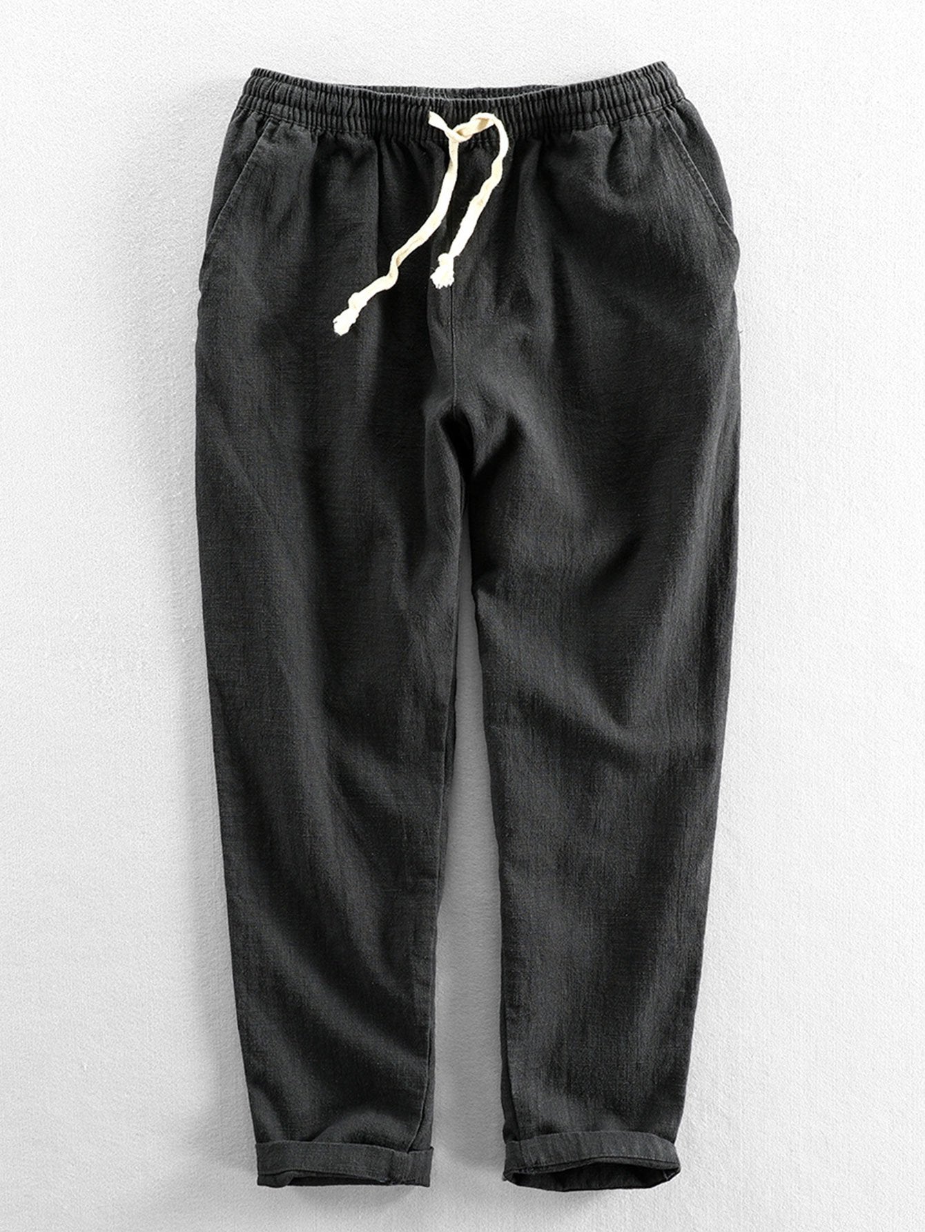 Leinenhose - Herren Casual Elastic Waist Loose Fit Hose-Schwarz-S-Chaps Herrenmode