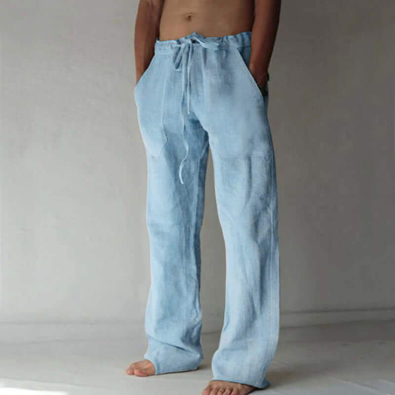Leinenhose – lockere Passform – Kordelzug – Sommerhose – Herrenhose-Hellblau-S-Chaps Herrenmode