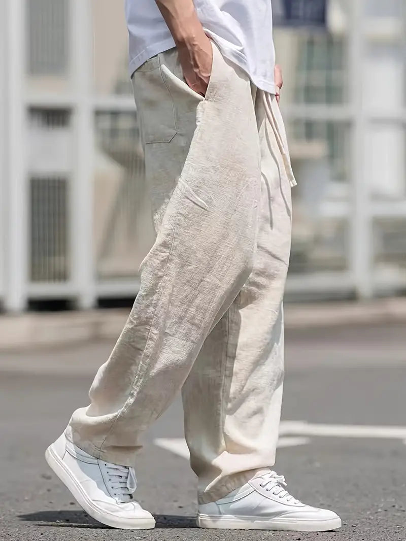 Leinenhose – lockere Passform – elastischer Bund – Sommerhose – weiße Herrenhose-Chaps Herrenmode