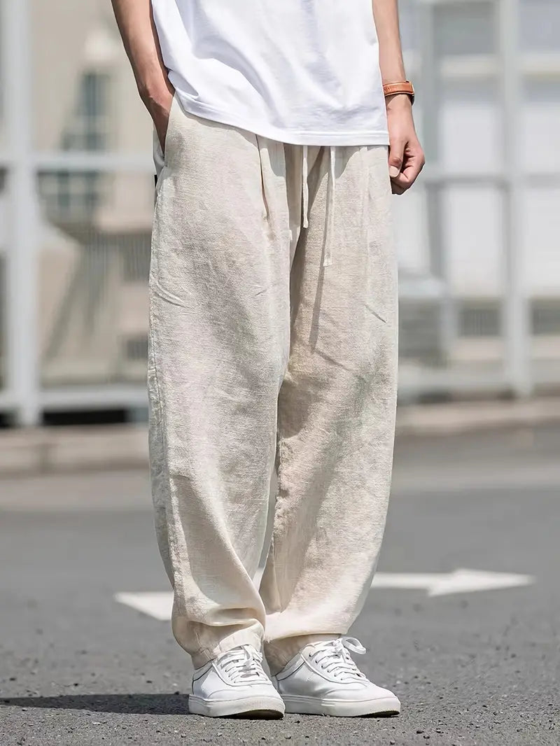 Leinenhose – lockere Passform – elastischer Bund – Sommerhose – weiße Herrenhose-Khaki-S-Chaps Herrenmode