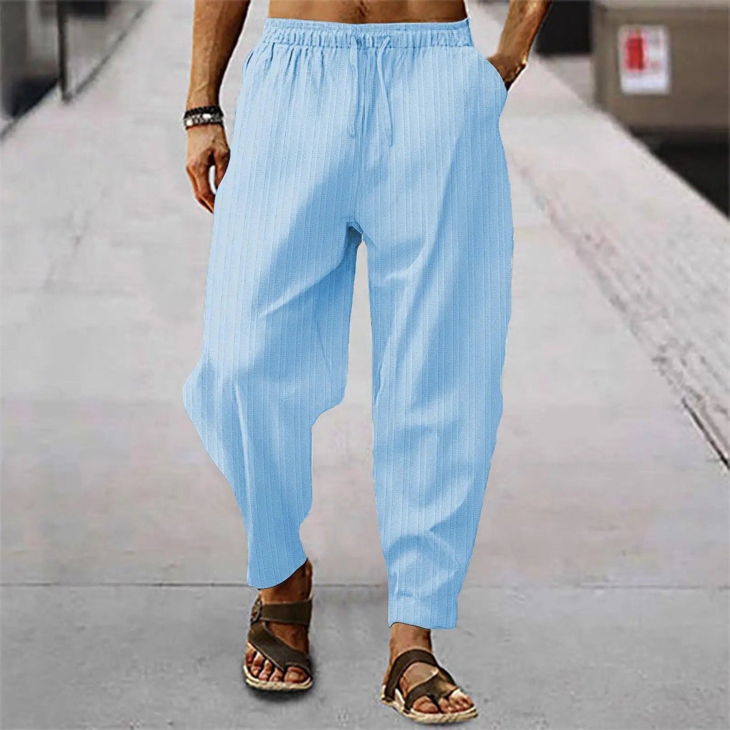 Leinenhosen - Herrenhosen mit elastischer Taille Baumwolle Sommerhosen mit lockerer Passform-Blau-S-Chaps Herrenmode