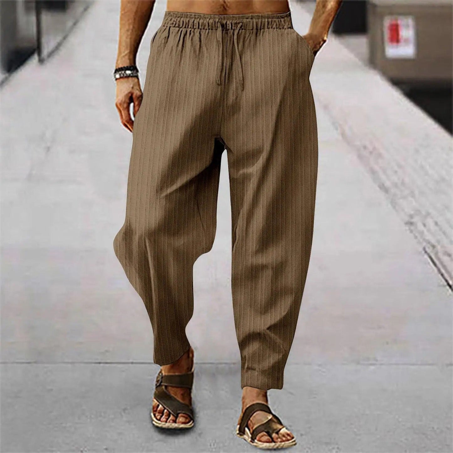 Leinenhosen - Herrenhosen mit elastischer Taille Baumwolle Sommerhosen mit lockerer Passform-Khaki-S-Chaps Herrenmode