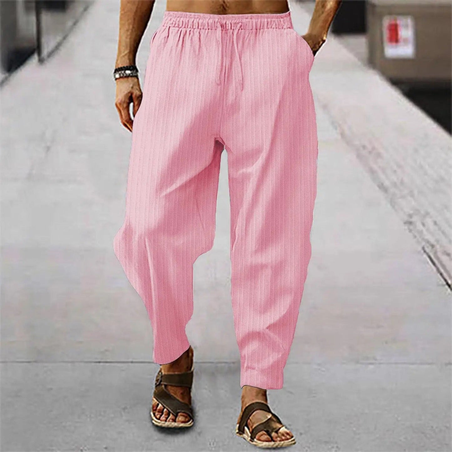 Leinenhosen - Herrenhosen mit elastischer Taille Baumwolle Sommerhosen mit lockerer Passform-Rosa-S-Chaps Herrenmode