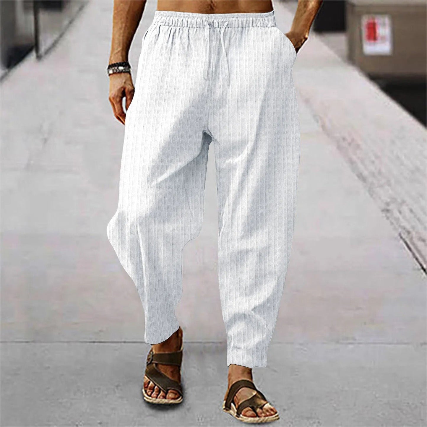 Leinenhosen - Herrenhosen mit elastischer Taille Baumwolle Sommerhosen mit lockerer Passform-Weiß-S-Chaps Herrenmode