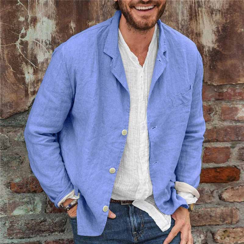 Leinenjacke | Langarm | Button-Up | Leinenblazer Herren | Herrenbekleidung-Blau-S-Chaps Herrenmode