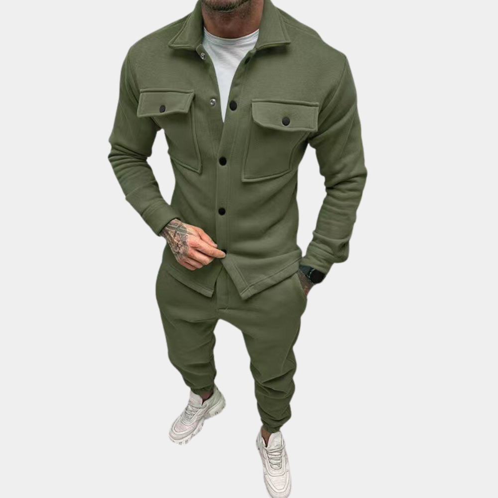 Men's Co-Ord Set - Zugeknöpft - Langarm - Zweiteiliges Set - Herrenbekleidung-Olive-S-Chaps Herrenmode