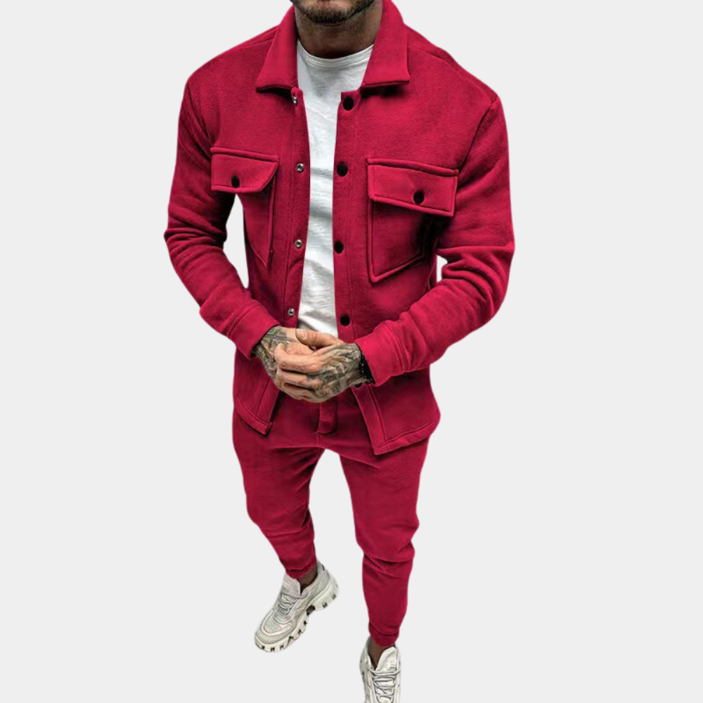 Men's Co-Ord Set - Zugeknöpft - Langarm - Zweiteiliges Set - Herrenbekleidung-Rot-S-Chaps Herrenmode