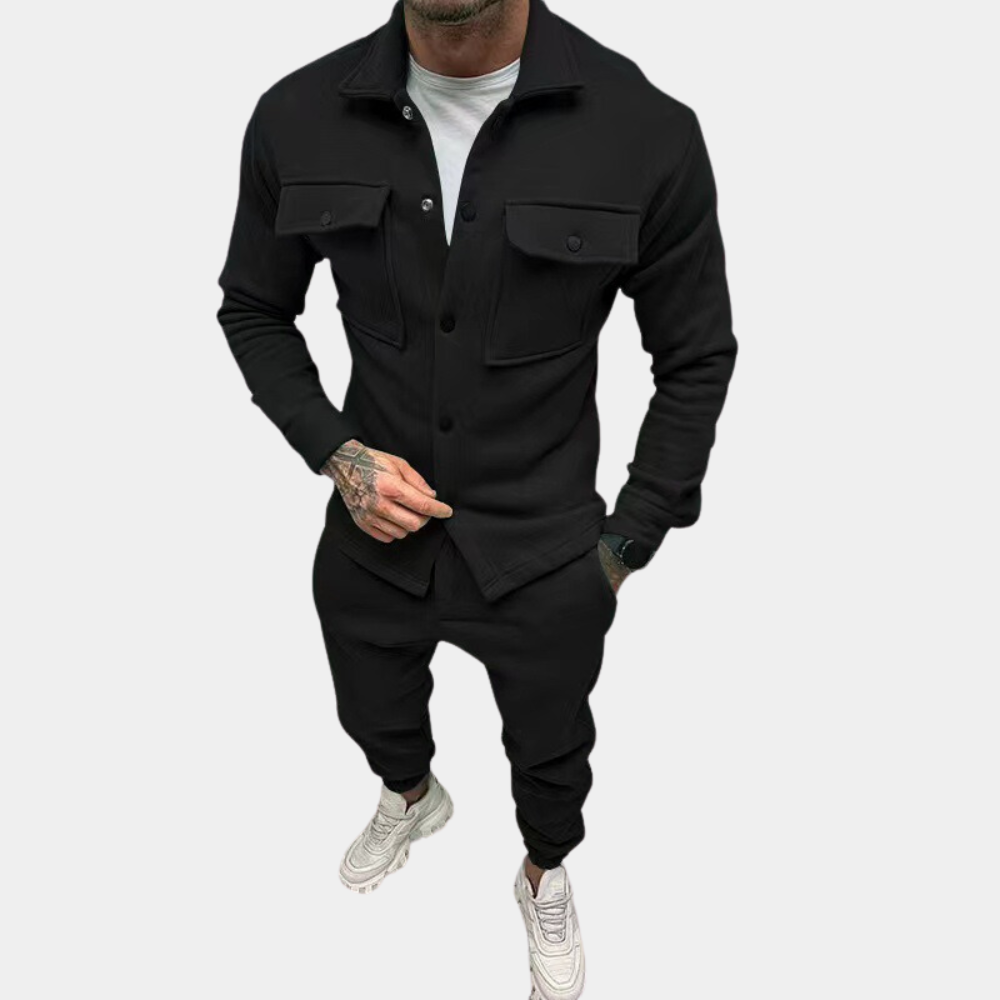Men's Co-Ord Set - Zugeknöpft - Langarm - Zweiteiliges Set - Herrenbekleidung-Schwarz-S-Chaps Herrenmode