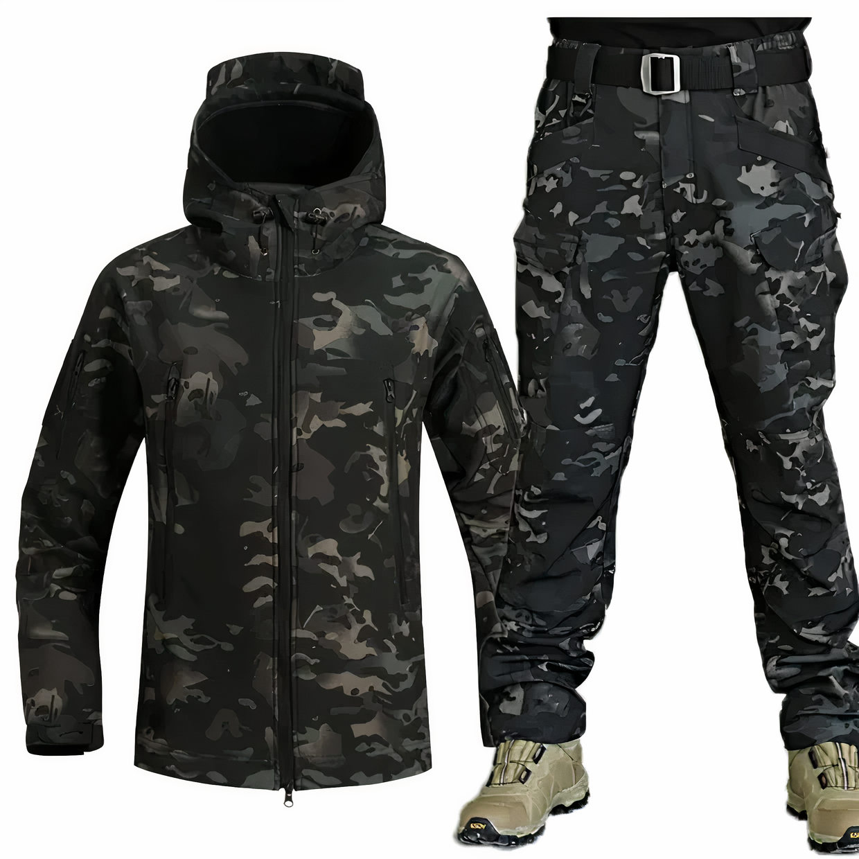 Militär Outfit - Taktische wasserdichte Outdoor Jacke und Hose für Männer-Schwarz Camo-S-Chaps Herrenmode