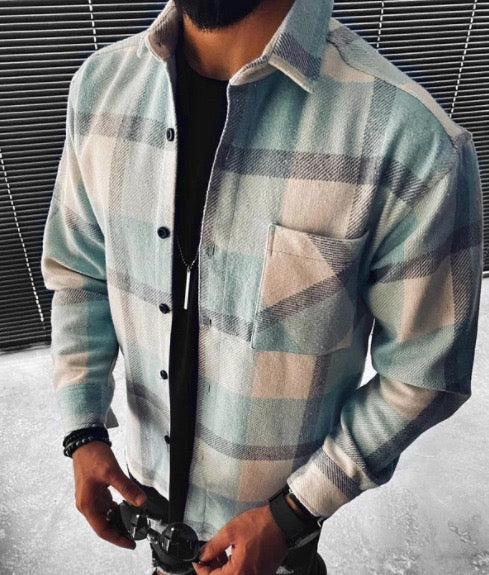 Overshirt | Button-Up | Brusttaschen | Hemdjacke | Herrenbekleidung-Grünes Quadrat-M-Chaps Herrenmode