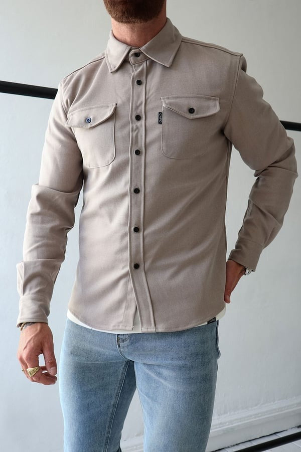 Overshirt – Herrenjacke mit Umlegekragen und Knöpfen, mit Taschen-Beige-S-Chaps Herrenmode