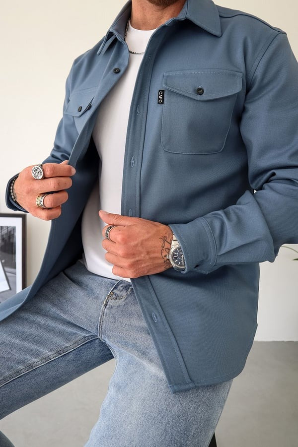 Overshirt – Herrenjacke mit Umlegekragen und Knöpfen, mit Taschen-Blau-S-Chaps Herrenmode