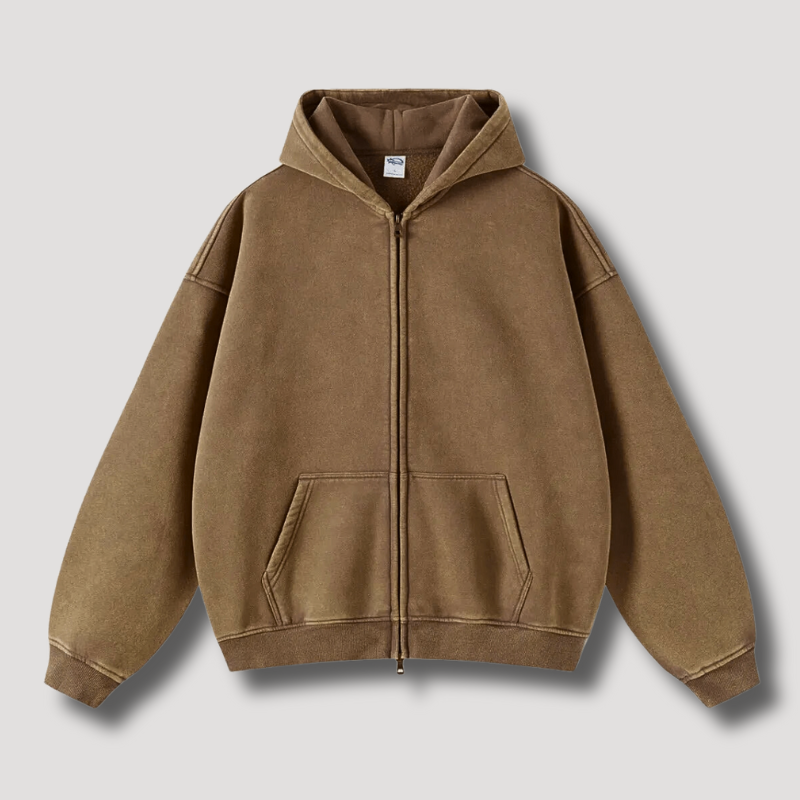 Oversized Hoodie | Reißverschluss | Washed | Zipper Hoodie | Hoodie für Männer-Beige-XS-Chaps Herrenmode