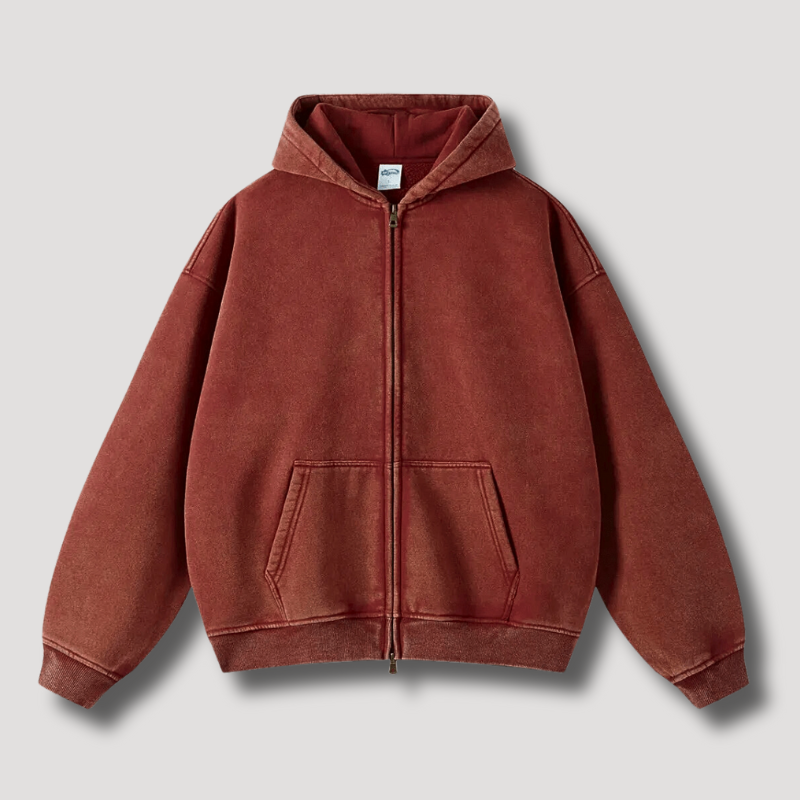 Oversized Hoodie | Reißverschluss | Washed | Zipper Hoodie | Hoodie für Männer-Rot-XS-Chaps Herrenmode