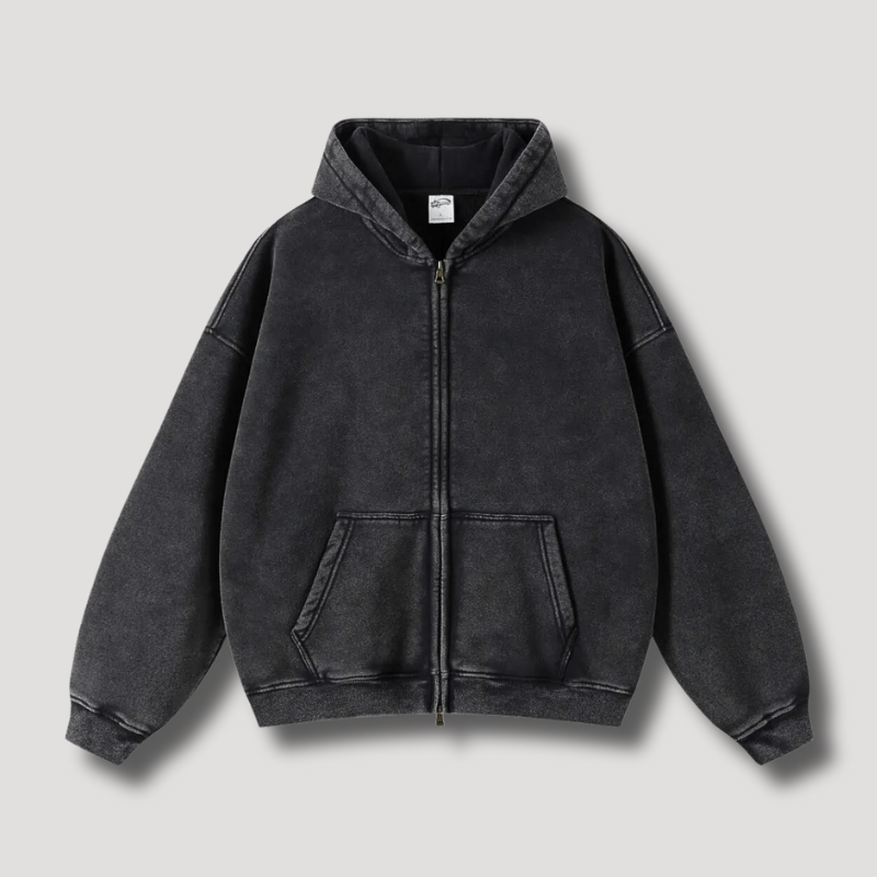 Oversized Hoodie | Reißverschluss | Washed | Zipper Hoodie | Hoodie für Männer-Schwarz-XS-Chaps Herrenmode