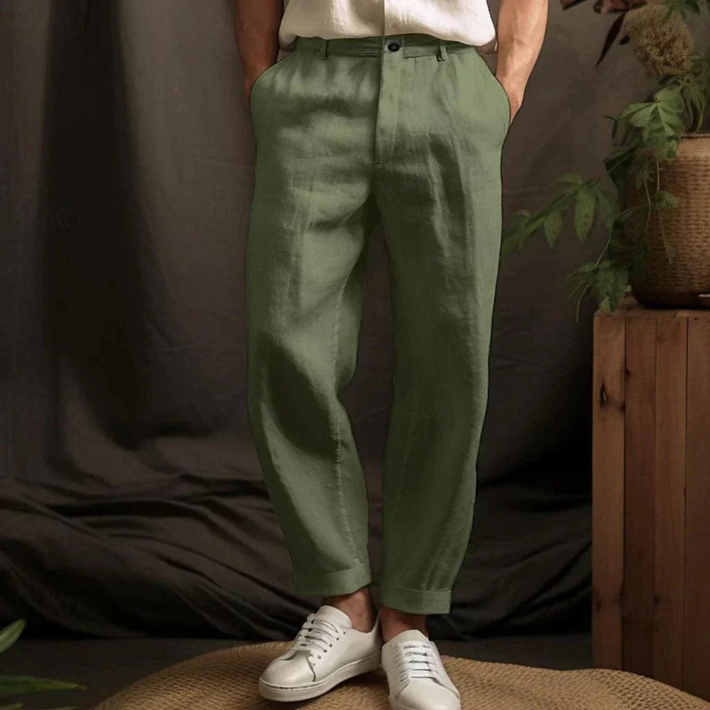 Plisseehose – Locker sitzende Leinenhose für Männer für den Sommer-Grün-S-Chaps Herrenmode
