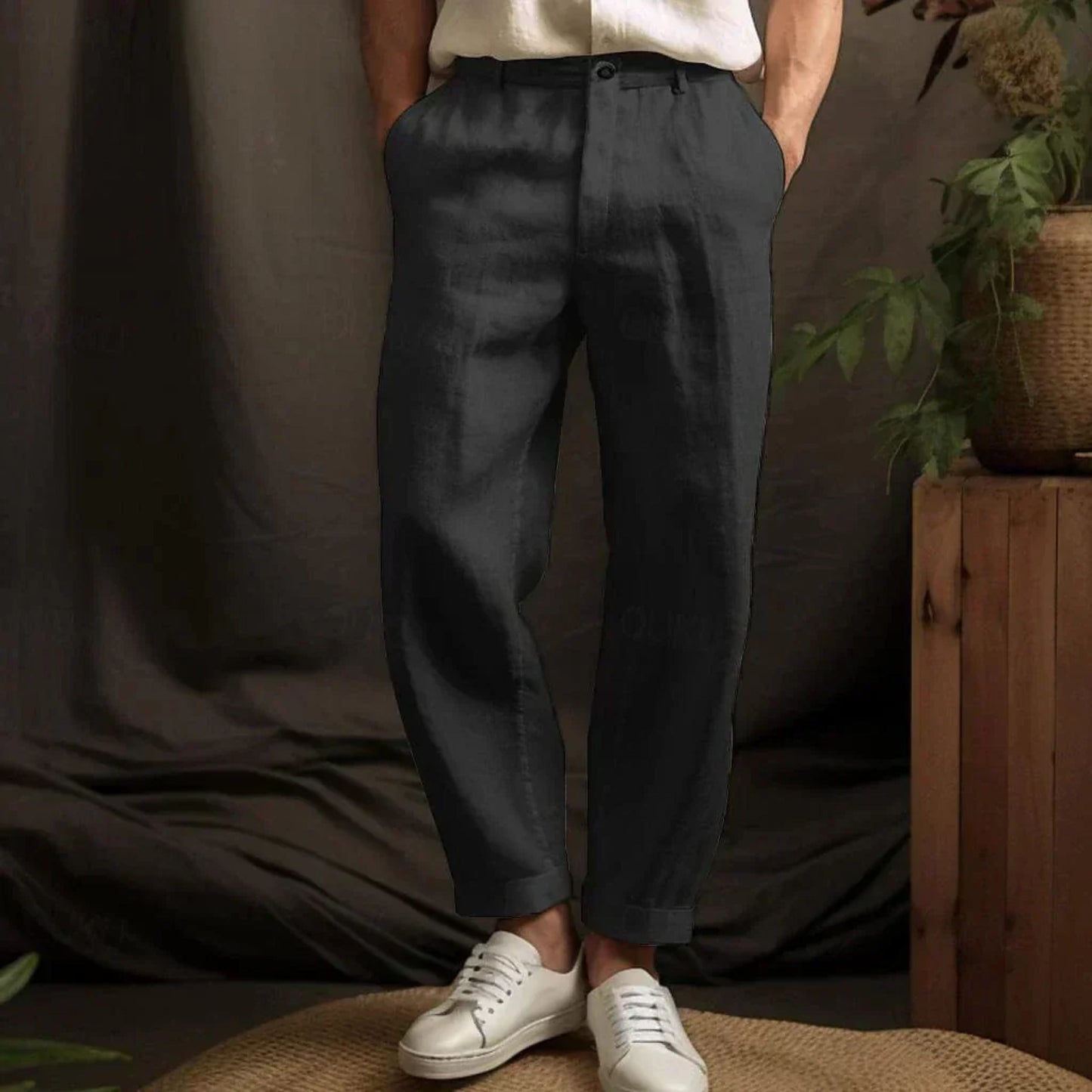 Plisseehose – Locker sitzende Leinenhose für Männer für den Sommer-Schwarz-S-Chaps Herrenmode