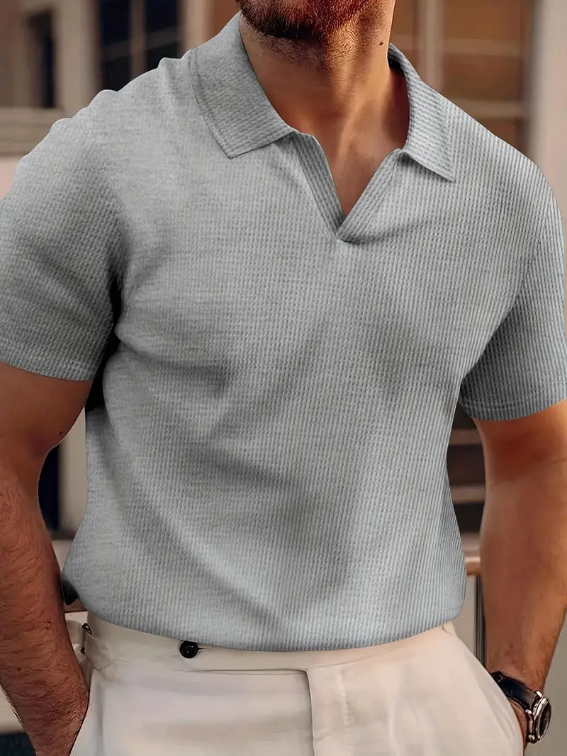 Polo-Shirt – Herren-Polohemd mit Kragen, V-Ausschnitt und kurzen Ärmeln-Grau-S-Chaps Herrenmode
