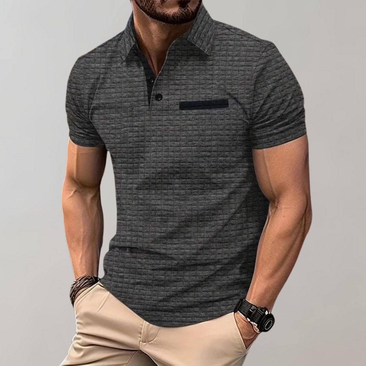 Polo-Shirt | Knopfleiste am Kragen | Brusttasche | T-Shirt mit Kragen | Polo-Shirts für Männer-Grau-S-Chaps Herrenmode