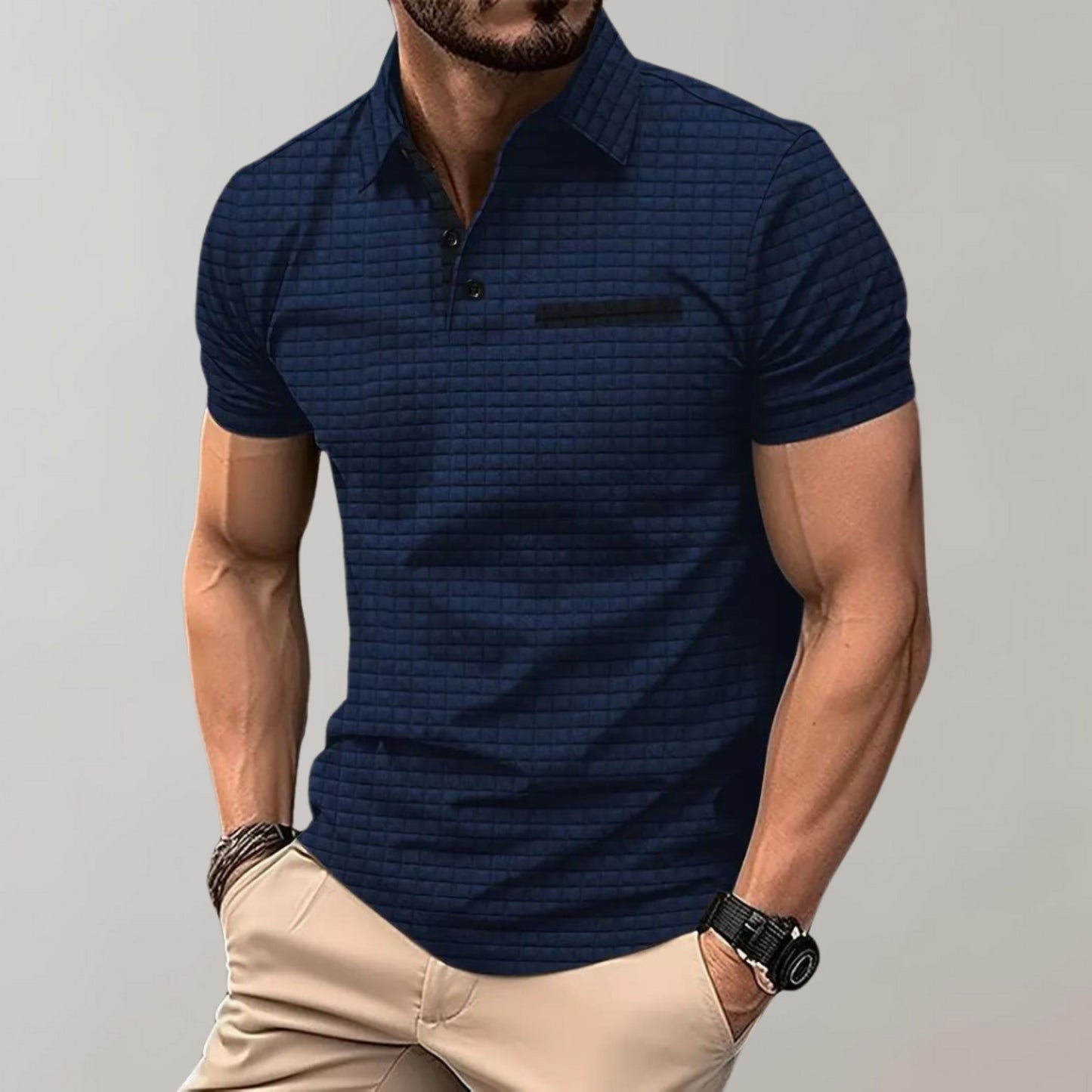 Polo-Shirt | Knopfleiste am Kragen | Brusttasche | T-Shirt mit Kragen | Polo-Shirts für Männer-Marineblau-S-Chaps Herrenmode
